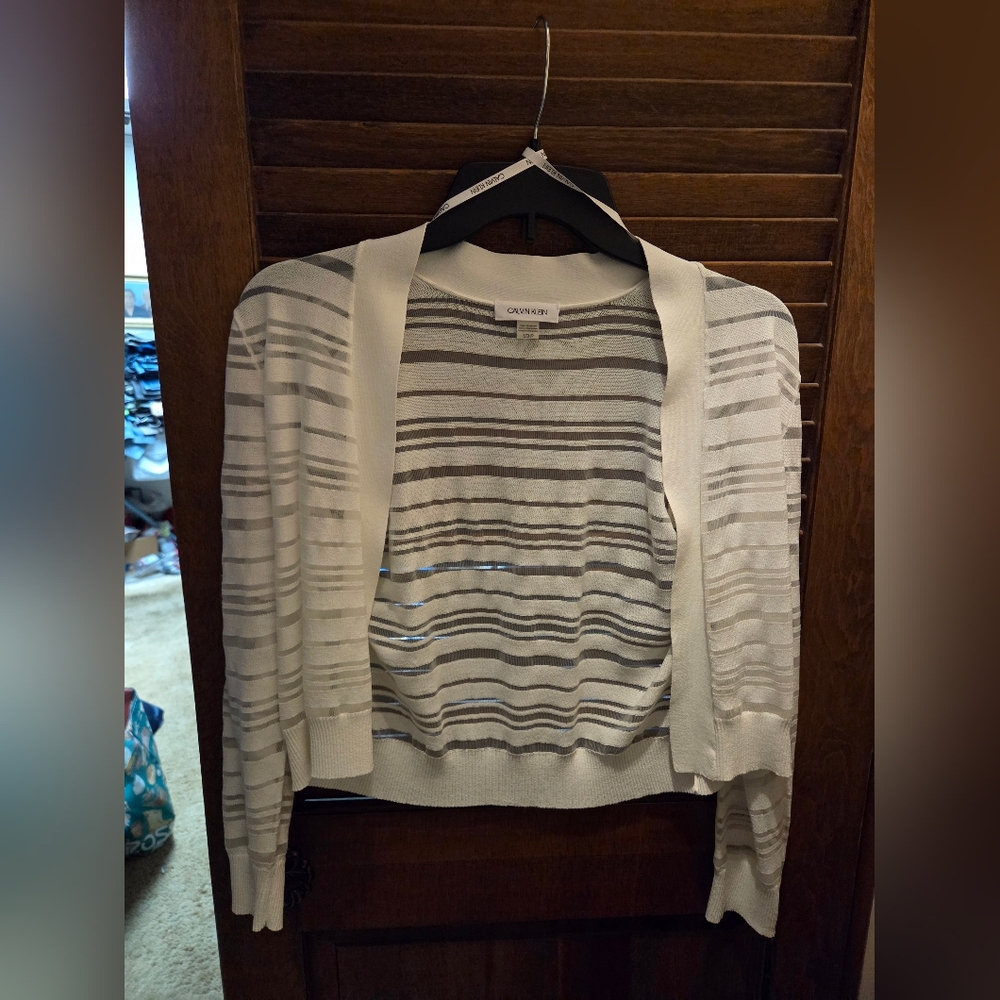 Calvin Klein Women's Sweater - Gray and White Stripes